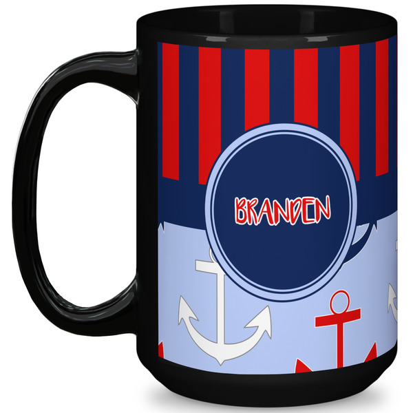 Custom Classic Anchor & Stripes 15 Oz Coffee Mug - Black (Personalized)