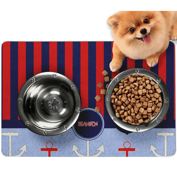 Custom Classic Anchor & Stripes Dog Food Mat - Small w/ Name or Text