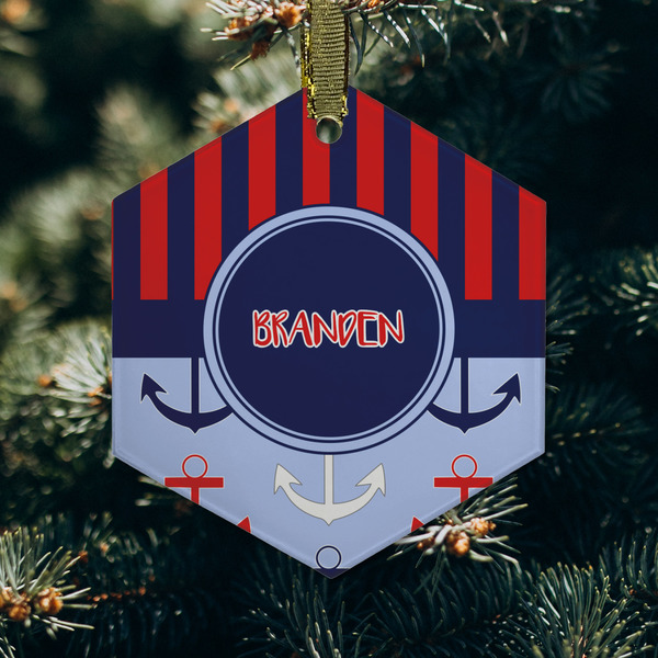 Classic Anchor & Stripes Frosted Glass Ornament - Hexagon (Lifestyle)