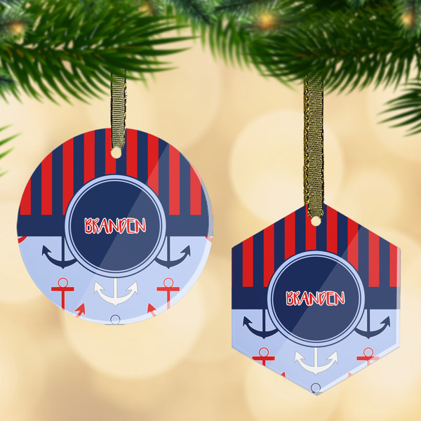 Custom Classic Anchor & Stripes Flat Glass Ornament w/ Name or Text