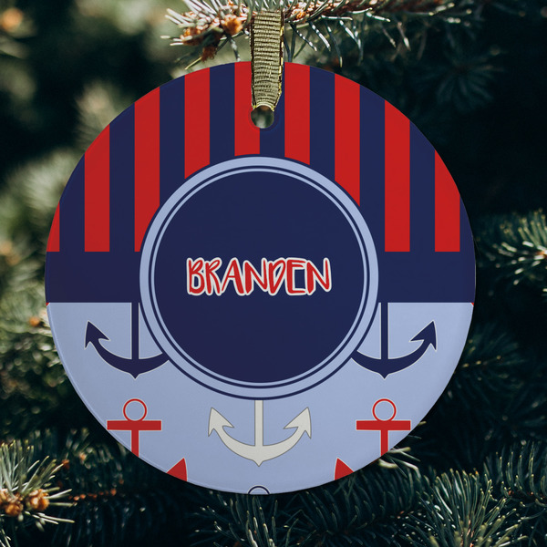Classic Anchor & Stripes Frosted Glass Ornament - Round (Lifestyle)