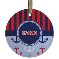 Classic Anchor & Stripes Flat Glass Ornament - Round w/ Name or Text