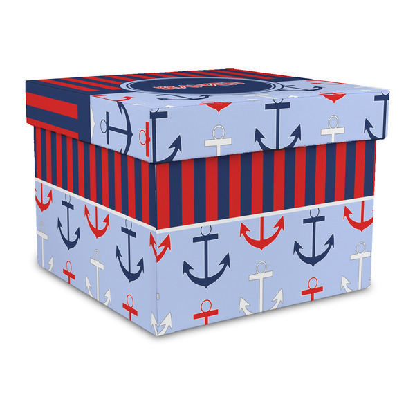 Custom Classic Anchor & Stripes Gift Box with Lid - Canvas Wrapped - Large (Personalized)