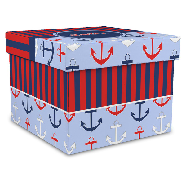 Custom Classic Anchor & Stripes Gift Box with Lid - Canvas Wrapped - X-Large (Personalized)