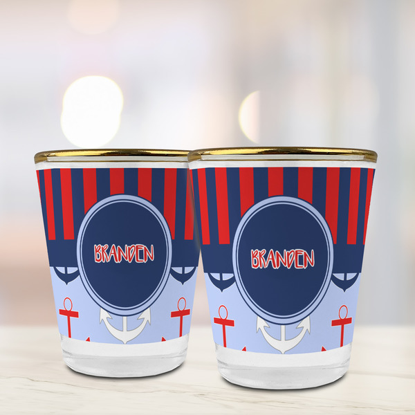 Classic Anchor & Stripes Glass Shot Glass - with gold rim - LIFESTYLE