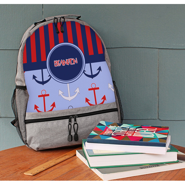 Classic Anchor & Stripes Large Backpack - Gray - On Desk