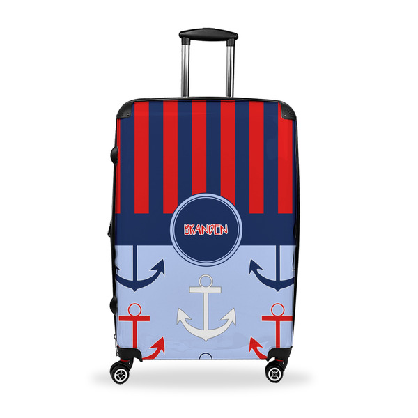 Custom Classic Anchor & Stripes Suitcase - 28" Large - Checked w/ Name or Text