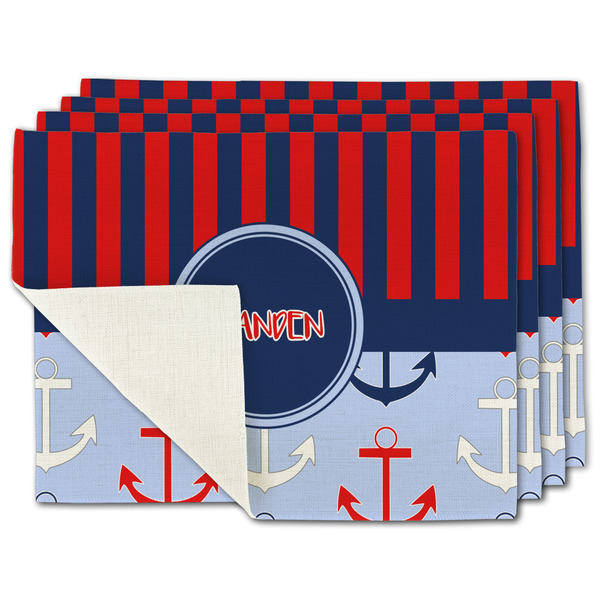 Custom Classic Anchor & Stripes Single-Sided Linen Placemat - Set of 4 w/ Name or Text
