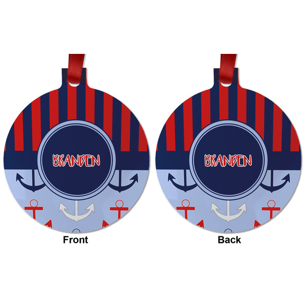 Classic Anchor & Stripes Metal Ball Ornament - Front and Back