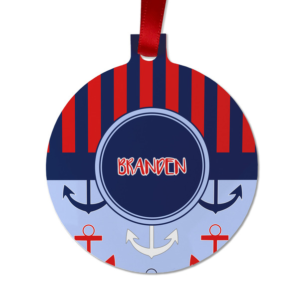 Custom Classic Anchor & Stripes Metal Ball Ornament - Double Sided w/ Name or Text