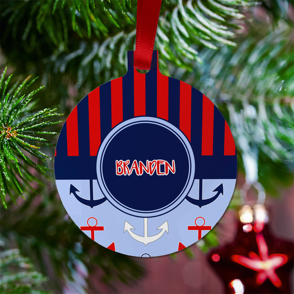 Classic Anchor & Stripes Metal Ball Ornament - Lifestyle