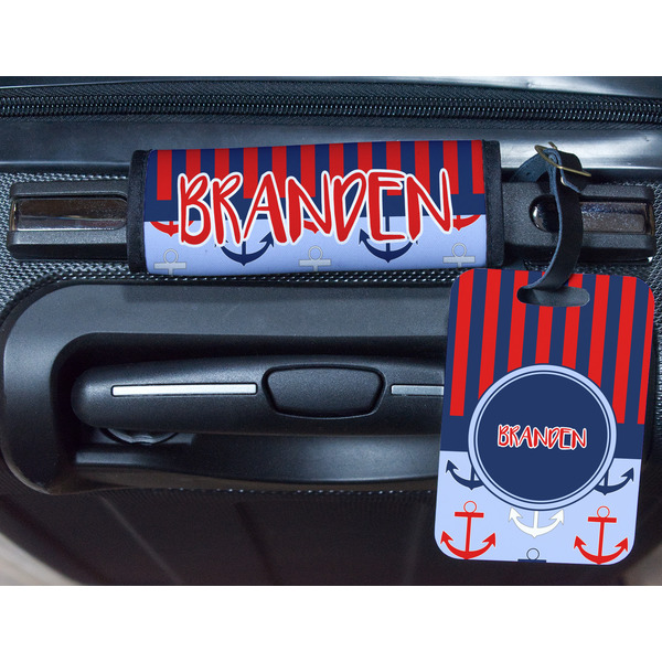 Classic Anchor & Stripes Metal Luggage Tag & Handle Wrap - In Context