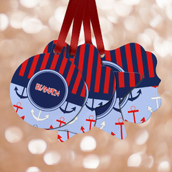Classic Anchor & Stripes Metal Ornaments - Double Sided w/ Name or Text