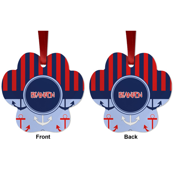 Classic Anchor & Stripes Metal Paw Ornament - Front and Back