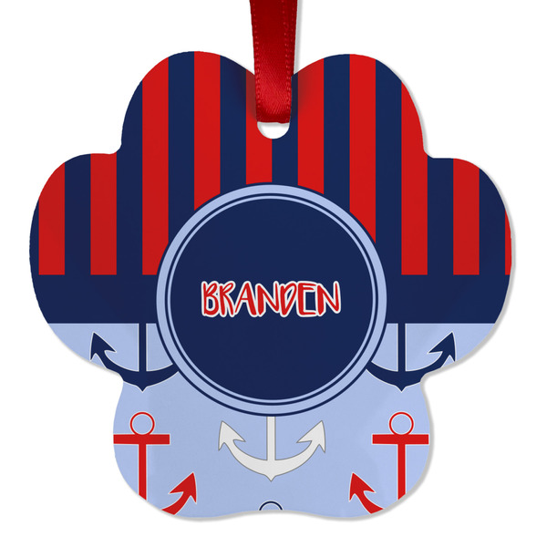 Custom Classic Anchor & Stripes Metal Paw Ornament - Double Sided w/ Name or Text