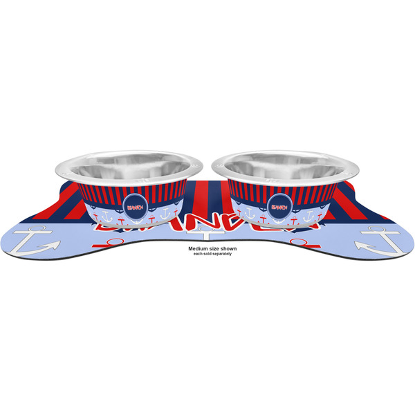 Classic Anchor & Stripes Metal Pet Bowls - On Dog Bone Shaped Mat
