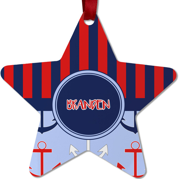 Custom Classic Anchor & Stripes Metal Star Ornament - Double Sided w/ Name or Text