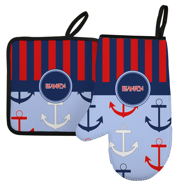 Custom Classic Anchor & Stripes Left Oven Mitt & Pot Holder Set w/ Name or Text