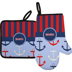 Classic Anchor & Stripes Oven Mitt & Pot Holder Set w/ Name or Text