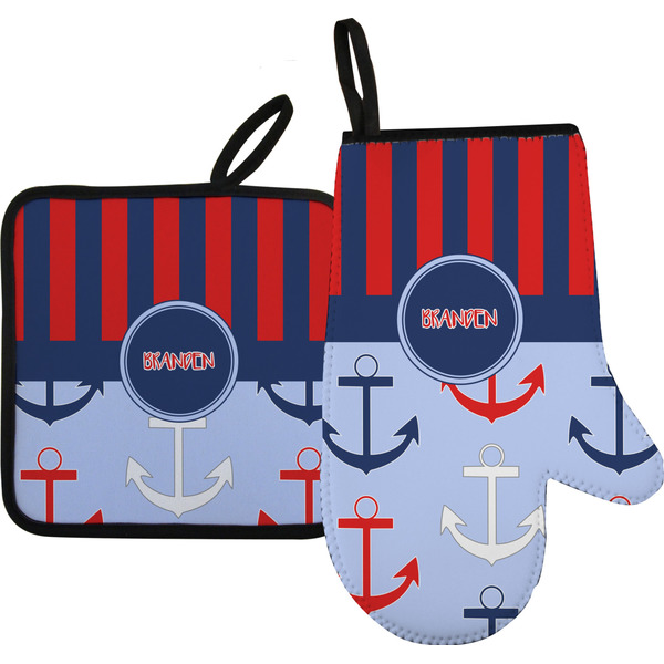 Custom Classic Anchor & Stripes Right Oven Mitt & Pot Holder Set w/ Name or Text