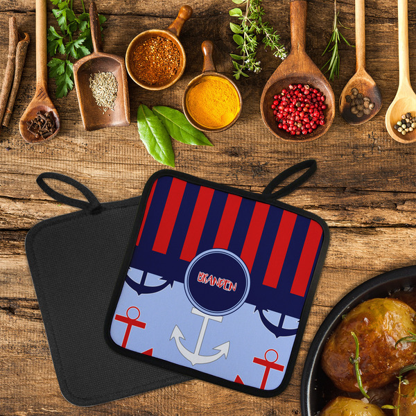 Classic Anchor & Stripes Neoprene Pot Holder - Set of 2  LIFESTYLE (Flatlay)