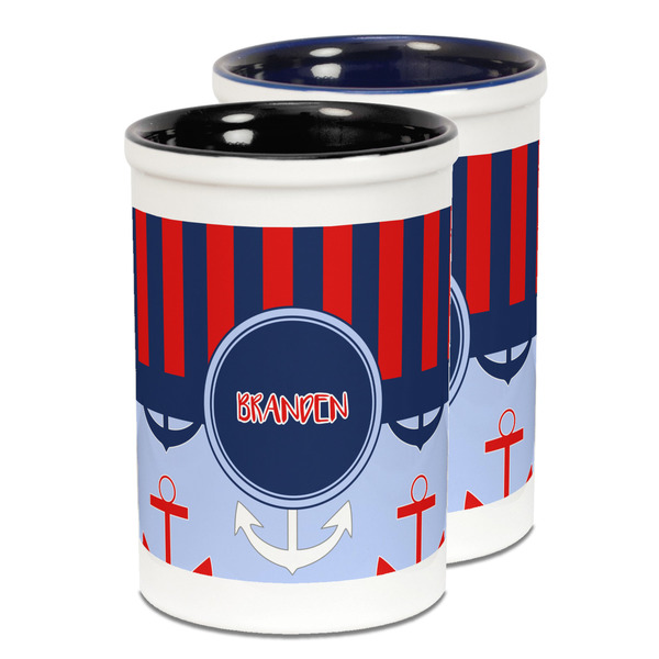 Custom Classic Anchor & Stripes Ceramic Pencil Holder - Large