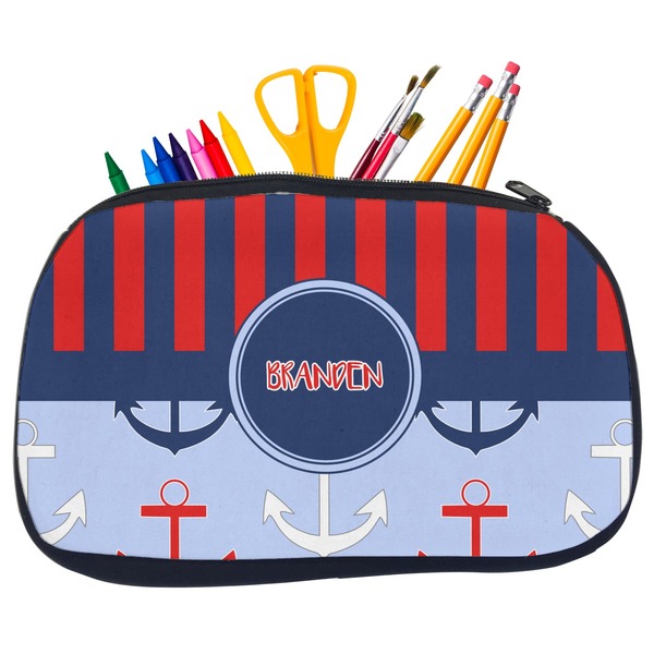 Custom Classic Anchor & Stripes Neoprene Pencil Case - Medium w/ Name or Text