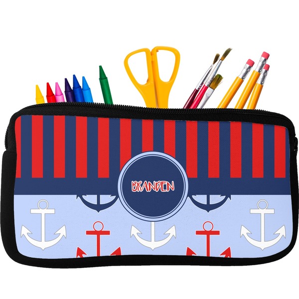Custom Classic Anchor & Stripes Neoprene Pencil Case - Small w/ Name or Text