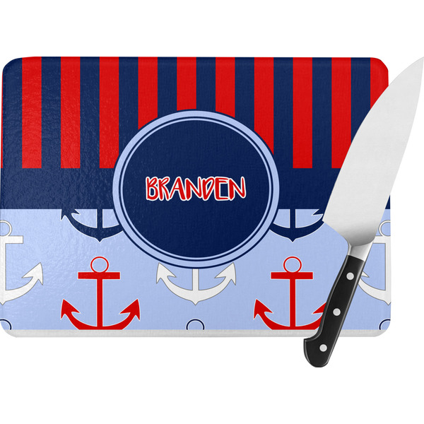 Custom Classic Anchor & Stripes Rectangular Glass Cutting Board - Large - 15.25"x11.25" w/ Name or Text