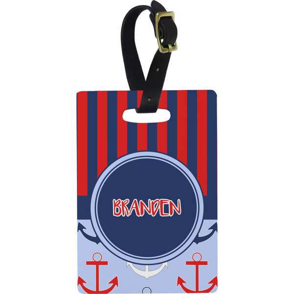 Custom Classic Anchor & Stripes Plastic Luggage Tag - Rectangular w/ Name or Text