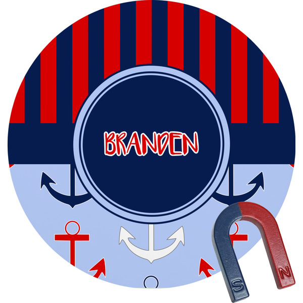 Custom Classic Anchor & Stripes Round Fridge Magnet (Personalized)