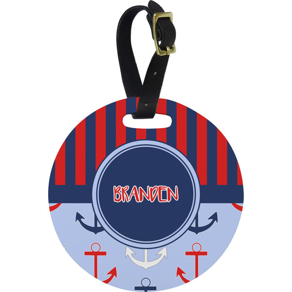 Custom Classic Anchor & Stripes Plastic Luggage Tag - Round (Personalized)