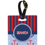 Classic Anchor & Stripes Plastic Luggage Tag - Square w/ Name or Text
