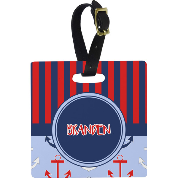 Custom Classic Anchor & Stripes Plastic Luggage Tag - Square w/ Name or Text