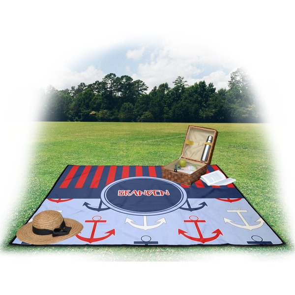 Classic Anchor & Stripes Picnic Blanket - with Basket Hat and Book - in Use