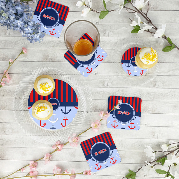 Classic Anchor & Stripes Plastic Party Dinner Plates - In Context