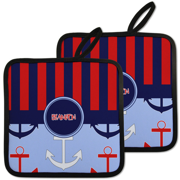 Custom Classic Anchor & Stripes Pot Holders - Set of 2 w/ Name or Text