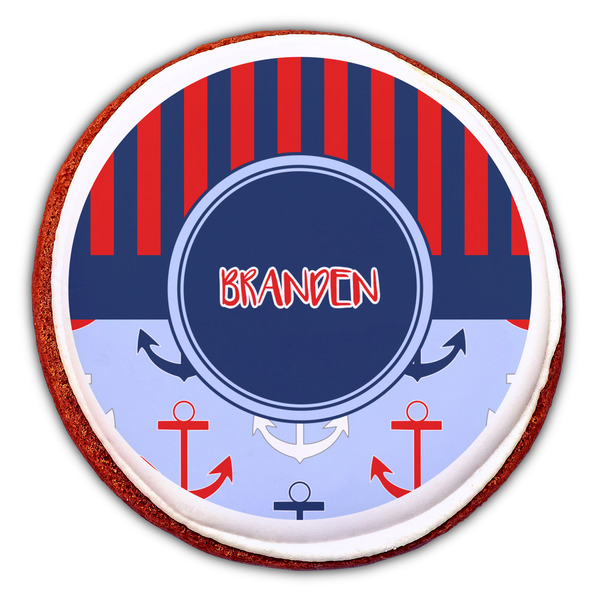 Classic Anchor & Stripes Printed Icing Circle - Large - On Cookie