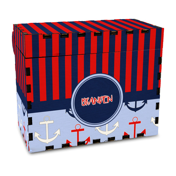 Custom Classic Anchor & Stripes Wood Recipe Box - Full Color Print (Personalized)