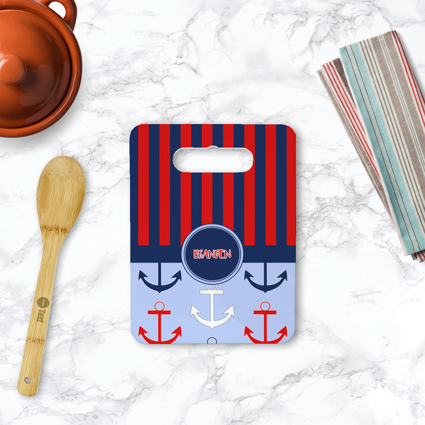 Classic Anchor & Stripes Rectangle Trivet with Handle - LIFESTYLE
