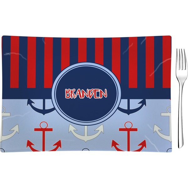 Custom Classic Anchor & Stripes Glass Rectangular Appetizer / Dessert Plate w/ Name or Text