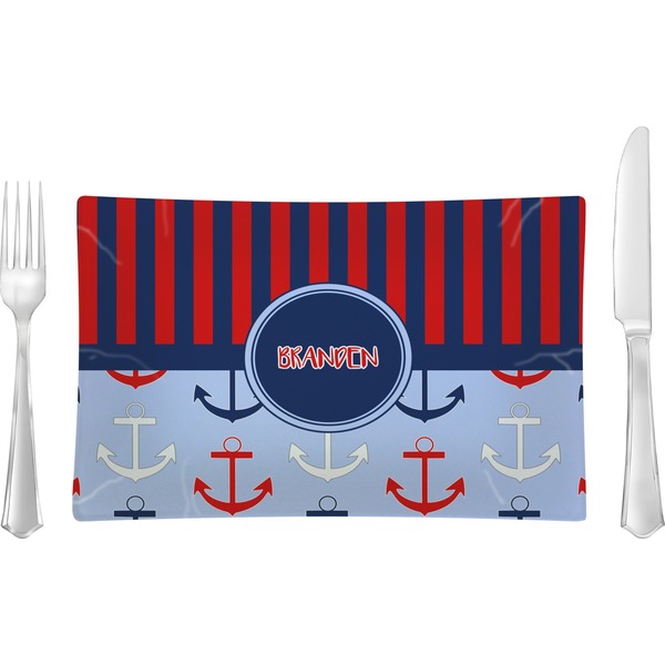 Custom Classic Anchor & Stripes Glass Rectangular Lunch / Dinner Plate w/ Name or Text