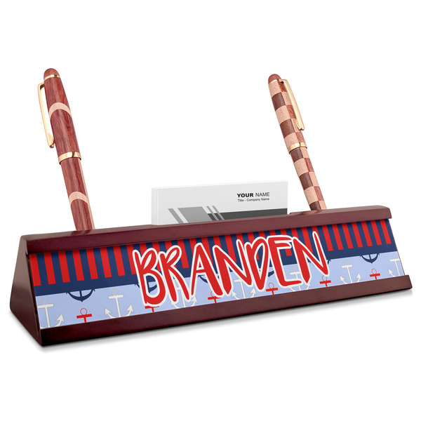 Custom Classic Anchor & Stripes Red Mahogany Nameplate with Business Card Holder (Personalized)