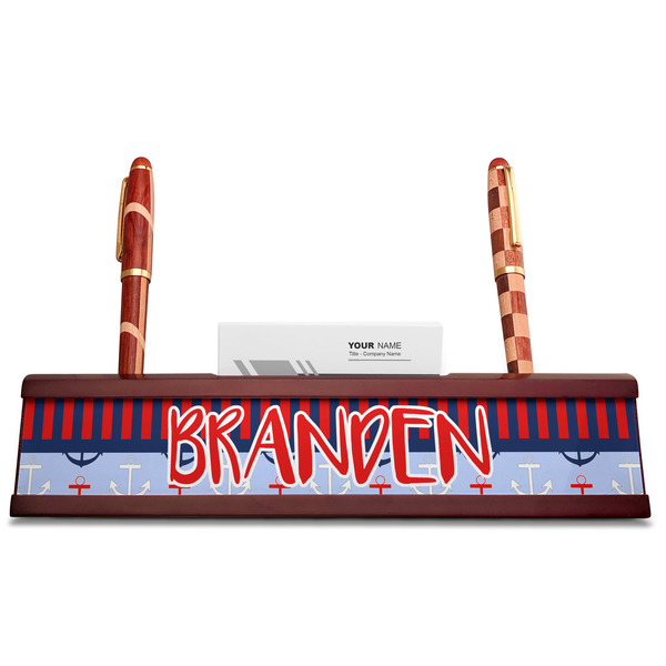 Classic Anchor & Stripes Red Mahogany Nameplates with Business Card Holder - Straight