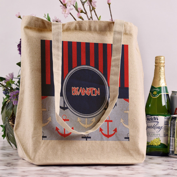 Classic Anchor & Stripes Reusable Cotton Grocery Bag - In Context