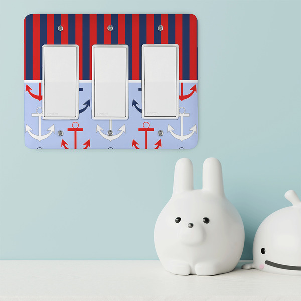 Classic Anchor & Stripes Rocker Light Switch Covers - Triple - IN CONTEXT