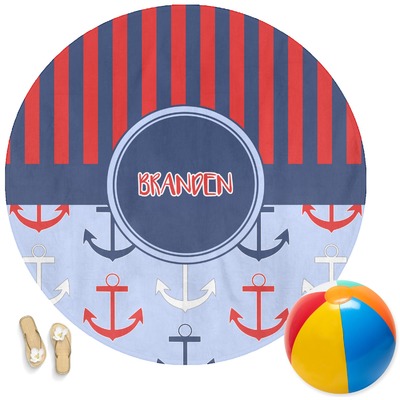Classic Anchor & Stripes Round Beach Towel (Personalized)