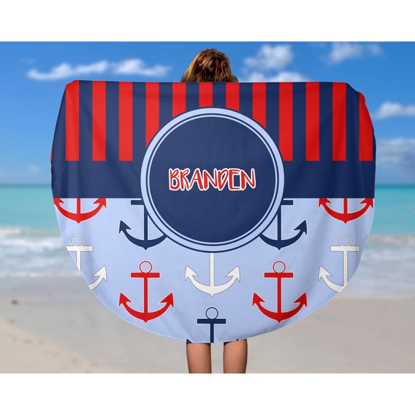 Classic Anchor & Stripes Round Beach Towel - In Use