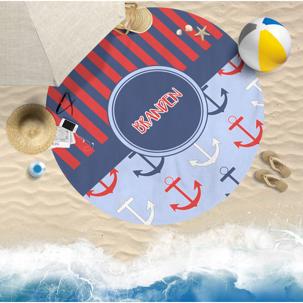 Classic Anchor & Stripes Round Beach Towel Lifestyle