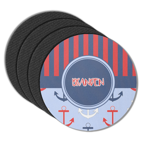 Custom Classic Anchor & Stripes Round Rubber Backed Coasters - Set of 4 (Personalized)